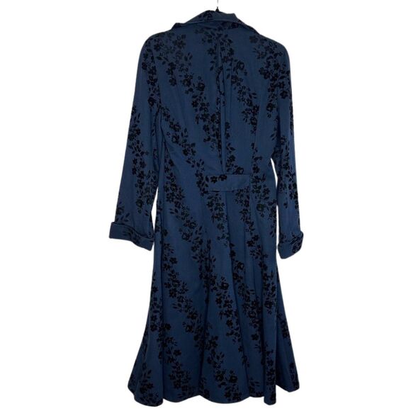 Vintage Y2K Betsey Johnson Navy Velvet Floral Trench Coat 90s Dark Academia M - Picture 2 of 9